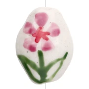 Perla ovale in ceramica 15,5x12,5 mm - Motivo floreale - Bianco - Rosa - Verde x1