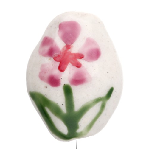 Perla ovale in ceramica 15,5x12,5 mm - Motivo floreale - Bianco - Rosa - Verde x1