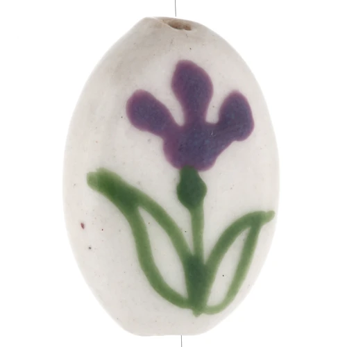 Perla ovale in ceramica 19x14,5 mm - motivo floreale - Bianco - Viola - Verde x1