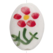 Perlina ovale in ceramica 19,5x14,5 mm - Motivo floreale - Bianco - Rosso - Verde x1