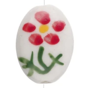 Perlina ovale in ceramica 19,5x14,5 mm - Motivo floreale - Bianco - Rosso - Verde x1