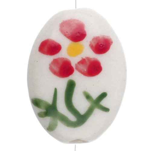 Perlina ovale in ceramica 19,5x14,5 mm - Motivo floreale - Bianco - Rosso - Verde x1