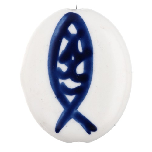 Perla ovale in ceramica 20x17 mm - Motivo pesce - Bianco - Blu scuro x1