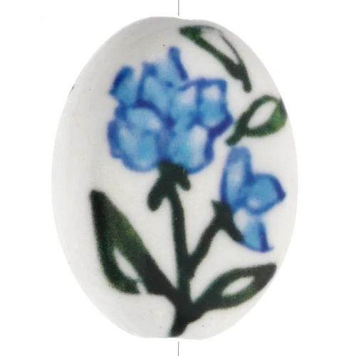 Perla ovale in ceramica 19x16 mm - motivo floreale - Bianco - Blu - Verde x1