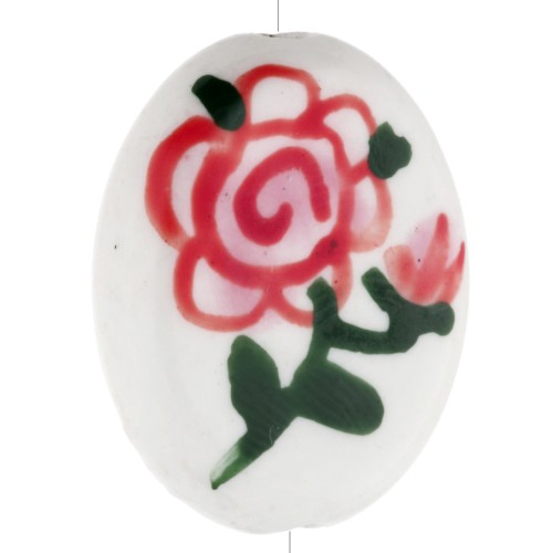 Perla ovale in ceramica 19x16 mm - motivo floreale - Bianco - Rosa - Verde x1