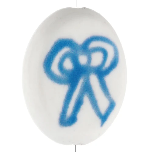 Perla ovale in ceramica 19x16 mm - motivo a fiocco - Bianco - Blu x1