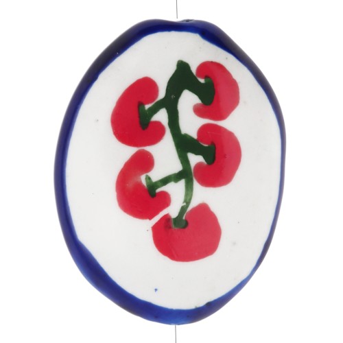 Perla ovale in ceramica 22x16,5 mm - Motivo pomodoro - Bianco - Rosso - Blu x1