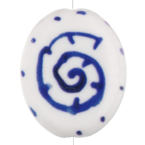 Perla ovale in ceramica 18,5x15 mm - Motivo conchiglia - Bianco - Blu scuro x1