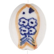 Perla ovale in ceramica 21x16 mm - Motivo pesce - Bianco - Ocra - Blu x1