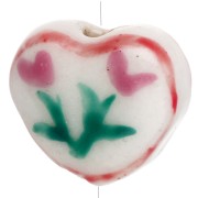 Perla cuore in ceramica 12x14 mm - Design floreale - Bianco - Rosa x1