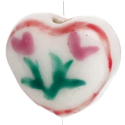 Perla cuore in ceramica 12x14 mm - Design floreale - Bianco - Rosa x1
