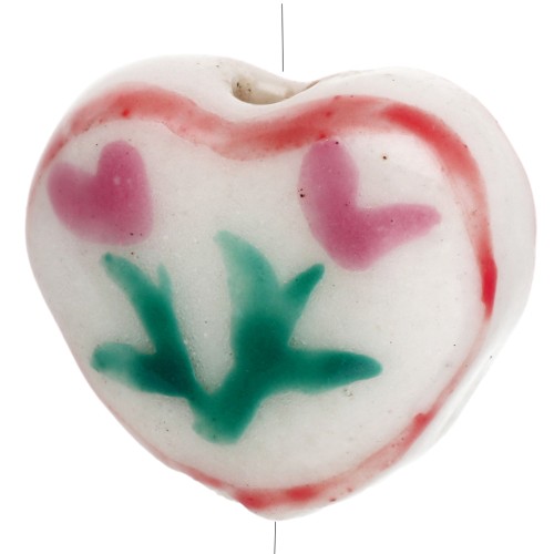 Perla cuore in ceramica 12x14 mm - Design floreale - Bianco - Rosa x1
