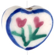 Perla cuore in ceramica 12x14 mm - Motivo floreale - Bianco - Blu - Rosa x1