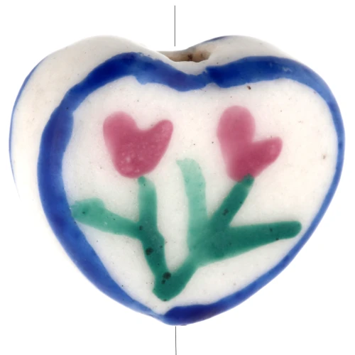 Perla cuore in ceramica 12x14 mm - Motivo floreale - Bianco - Blu - Rosa x1