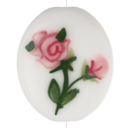 Perla ovale in ceramica 21x18 mm - motivo a rose - Bianco - Rosa - Verde x1