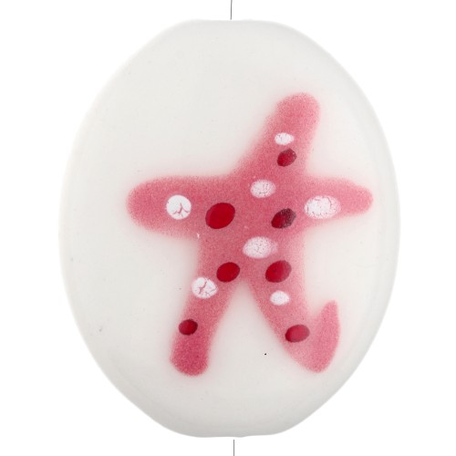 Perla ovale in ceramica 21x18 mm - Motivo stella marina - Bianco - Rosa x1