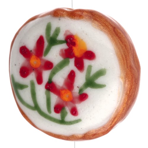 Perla rotonda appiattita in ceramica da 20 mm - fiori - Bianco - Rosso x1