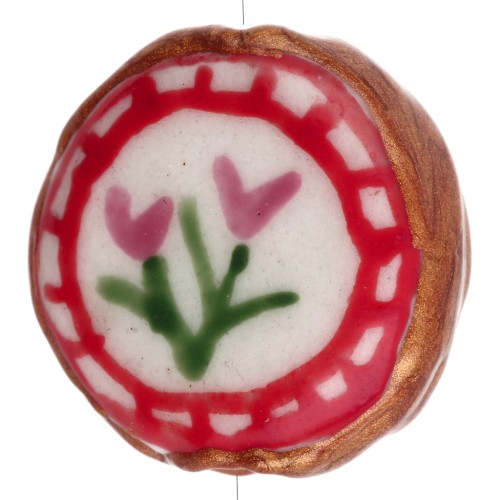 Perla rotonda appiattita in ceramica da 20 mm - fiori - Marrone - Rosso x1
