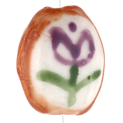 Perla ovale in ceramica 15x12,5 mm - Motivo floreale - Bianco - Marrone - Viola x1