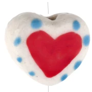 Perla cuore in ceramica 12x14 mm - Motivo cuore e pois - Bianco - Rosso - Blu x1