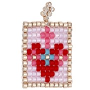 Ciondolo rettangolare con perle di seme 26x16 mm, motivo a cuore - Rosa - Rosso x1|raw }}