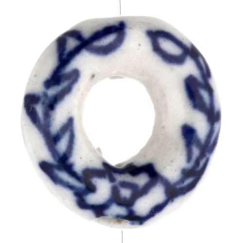 Perline a ciambella in ceramica 18,5 mm - motivo floreale - Bianco - Blu x1