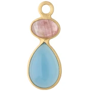 Pendente geometrico 20x8 mm - Dorato con oro fino - Calcedonio blu - Quarzo rosa