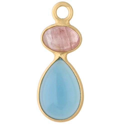Pendente geometrico 20x8 mm - Dorato con oro fino - Calcedonio blu - Quarzo rosa