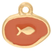 Charm ovale irregolare 13 mm - Motivo pesce - Dorato in oro fino - Salmone x1