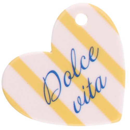 Ciondolo a cuore 39x45 mm in acetato - Dolce vita - Giallo - Bianco - Strisce blu x1