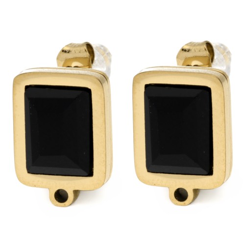 Orecchini perno rettangolari 13x9 mm con cabochon in vetro - Acciaio inossidabile 304L Dorato - Nero x2