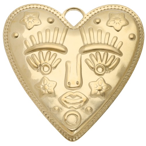Pendente a forma di cuore 46,5x45 mm - motivo del viso - Acciaio inossidabile 304 Dorato x1