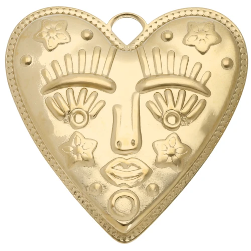 Pendente a forma di cuore 46,5x45 mm - motivo del viso - Acciaio inossidabile 304 Dorato x1