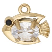 Ciondolo a forma di pesce 9x10 mm con strass - Acciaio inossidabile 304 Dorato - Cristallo x1