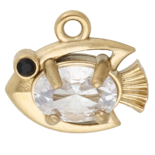 Ciondolo a forma di pesce 9x10 mm con strass - Acciaio inossidabile 304 Dorato - Cristallo x1