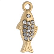 Ciondolo a forma di pesce 14x6 mm con strass - Acciaio inossidabile Dorato 304 - Cristallo x1