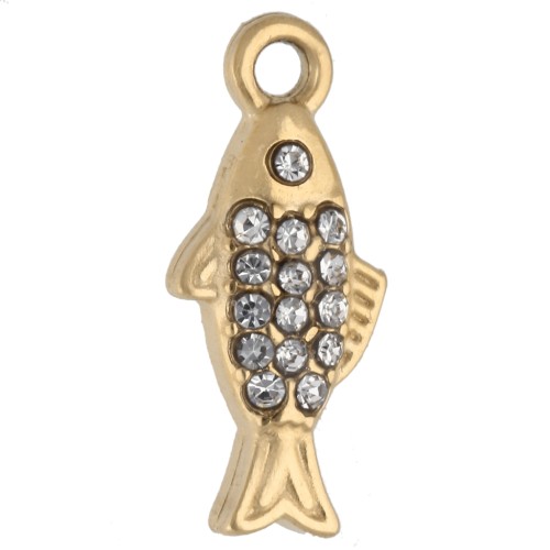 Ciondolo a forma di pesce 14x6 mm con strass - Acciaio inossidabile Dorato 304 - Cristallo x1