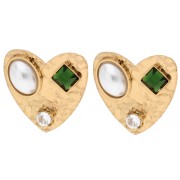 Orecchini a forma di cuore 17x18 mm con cabochon e strass - Acciaio inossidabile 304 dorato - Bianco x2
