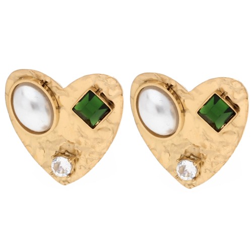 Orecchini a forma di cuore 17x18 mm con cabochon e strass - Acciaio inossidabile 304 dorato - Bianco x2