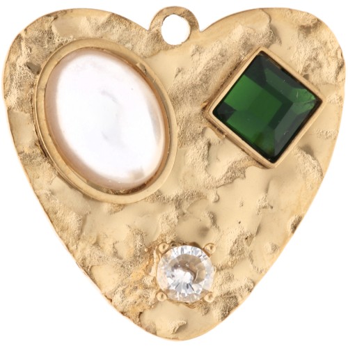 Pendente a forma di cuore 17,5x18 mm con cabochon e strass - Acciaio inossidabile 304 Dorato - Bianco - Verde