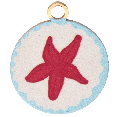 Ciondolo rotondo da 14,5 mm con stampa UV - Stella marina - Acciaio inossidabile 304 Dorato - Rosso