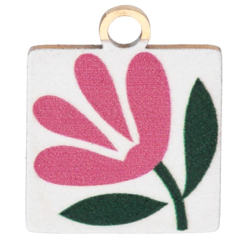 Ciondolo quadrato 14x12 mm stampato UV - Fiore - Acciaio inossidabile 304 Dorato - Bianco - Rosa
