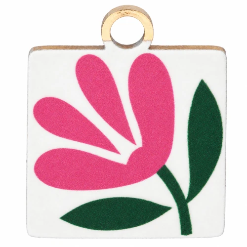 Ciondolo quadrato 14x12 mm stampato UV - Fiore - Acciaio inossidabile 304 Dorato - Bianco - Rosa