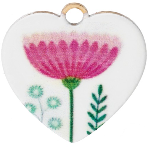 Ciondolo a forma di cuore 15,5 mm stampato UV - Fiore - Acciaio inossidabile 304 Dorato - Bianco - Rosa