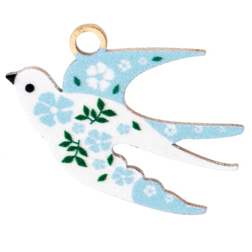 Pendente a forma di uccello 14x20 mm stampa UV - Fiore - Acciaio inossidabile 304 Dorato - Azzurro