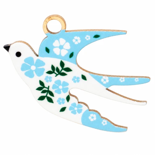 Pendente a forma di uccello 14x20 mm stampa UV - Fiore - Acciaio inossidabile 304 Dorato - Azzurro