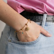 Bracciale a maglie sferiche da 1,5 mm con 5 perle di fermatura da 5 mm, acciaio inossidabile 304 Dorato, lunghezza 18 cm