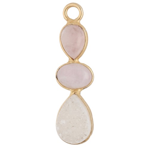 Pendente geometrico 29x8 mm dorato con oro fino - Morganite - Kunzite - Druzy bianco