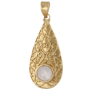 Pendente a goccia in stile etnico 39x18 mm con pietra semipreziosa da 8 mm (quarzo rosa) - Dorato con oro fino
