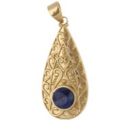 Pendente a goccia in stile etnico 39x18 mm con pietra semipreziosa da 8 mm - Zaffiro - Dorato con oro fino
